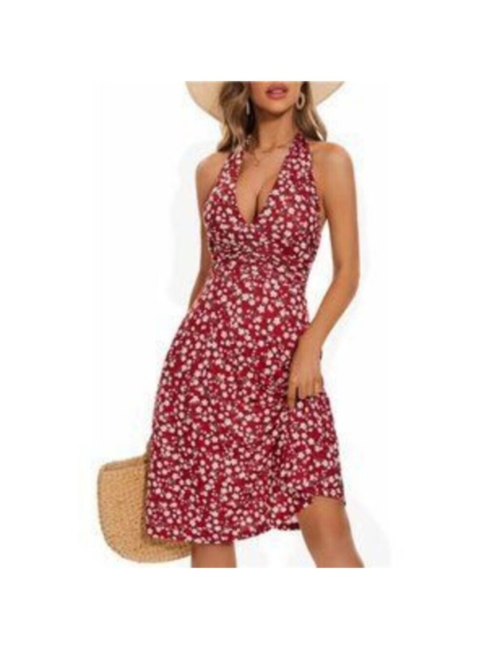 Women's Summer Sleeveless Halter Neck Spring Boho Floral with Pocket Mini Dress